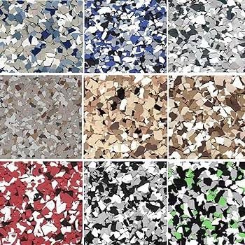 Grid of decorative epoxy flake color blend samples